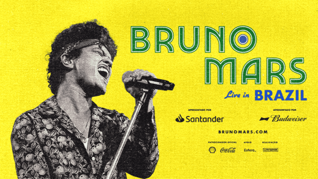 Imagem apresenta o banner oficial da nova turnê do cantor Bruno Mars no Brasil.